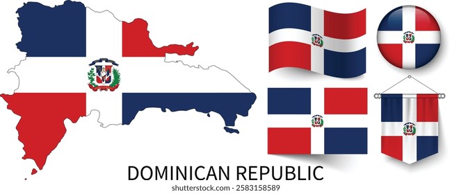 The different designs of Dominican Republic's national flags and the map showing Dominican Republic's borders