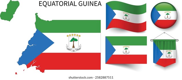 The different designs of Equatorial Guinea's national flags and the map showing Equatorial Guinea's borders