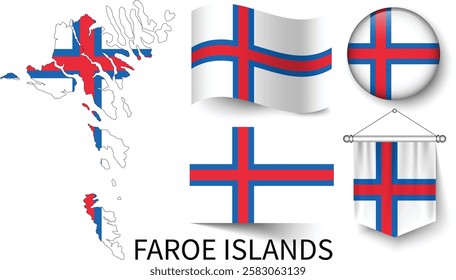 The different designs of Faroe Islands's national flags and the map showing Faroe Islands's borders