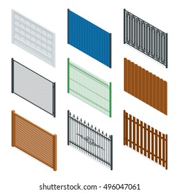  Different designs of fences and gates isolated on a white background.