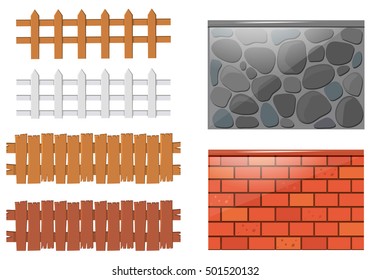 Different designs of fences and walls illustration