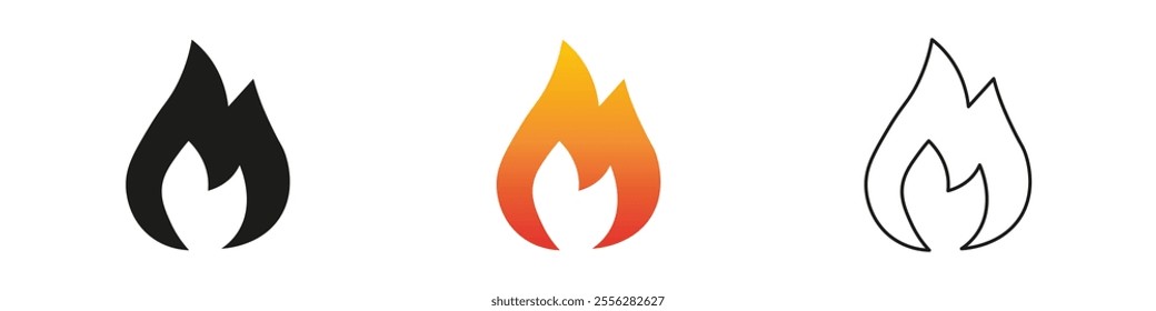 Different designs of flame symbols in various colors. Fire icon vector set. Flame icon collection. Fire flame symbol. Black, gradient, line set