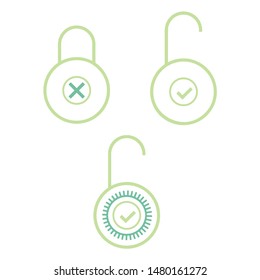 Different designs of a green lock. Vector design of a padlock for a cellphone, tablet or other devise. Logo representing security, allowed of denied access. Ligh-green flat icons.
