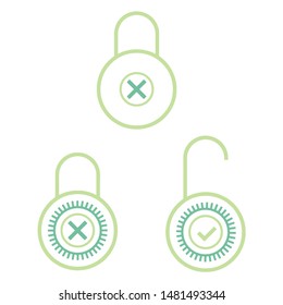 Different designs of a green lock. Vector design of a padlock for a cellphone, tablet or other devise. Logo representing security, allowed of denied access. Ligh-green flat icons.