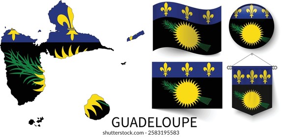 The different designs of Guadeloupe's national flags and the map showing Guadeloupe's borders