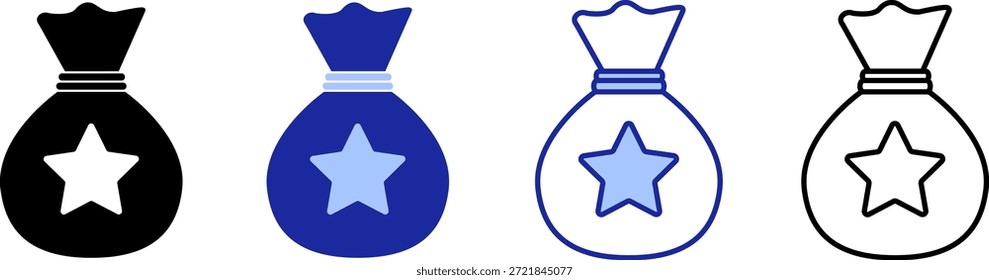 Diferentes diseños de un icono que muestra una bolsa con un símbolo de estrella, adecuado para varios temas y aplicaciones