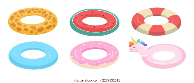 Different designs of inflatable rings vector illustrations set. Collection of drawings of watermelon, doughnut, unicorn floaters isolated on white background. Summer, vacation, holidays concept