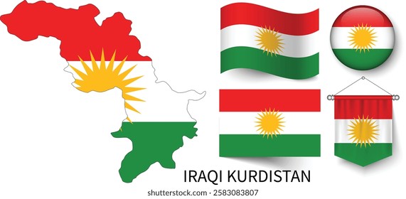 The different designs of Iraqi Kurdistan's national flags and the map showing Iraqi Kurdistan's borders