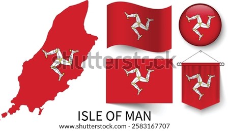 The different designs of Isle of Man's national flags and the map showing Isle of Man's borders