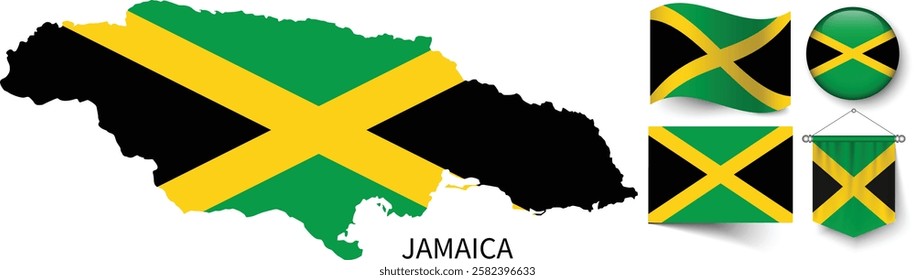 The different designs of Jamaica's national flags and the map showing Jamaica's borders