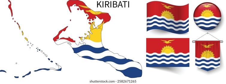 The different designs of Kiribati's national flags and the map showing Kiribati's borders