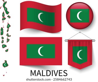 The different designs of Maldives's national flags and the map showing Maldives's borders