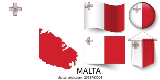 The different designs of Malta's national flags and the map showing Malta's borders