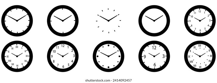 Different designs of Mechanical, analogue watch faces, including standard and roman numeral numbers.  Isolated on a white background