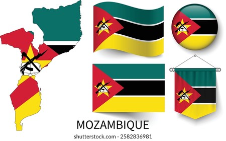 The different designs of Mozambique's national flags and the map showing Mozambique's borders