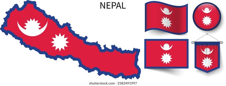 The different designs of Nepal's national flags and the map showing Nepal's borders