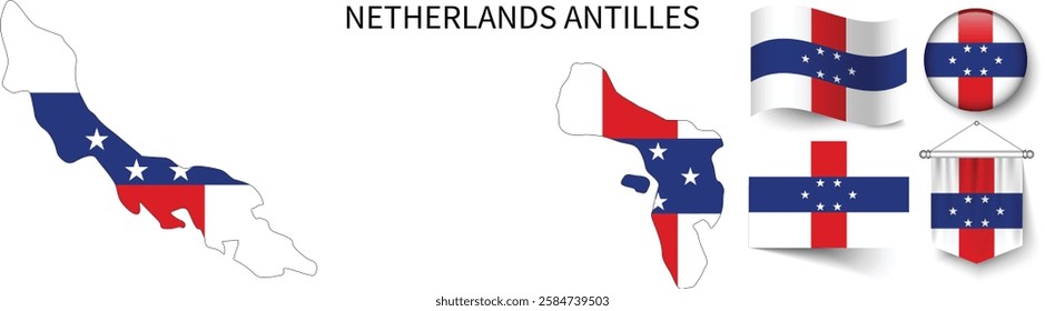 The different designs of Netherlands Antilles's national flags and the map showing Netherlands Antilles's borders