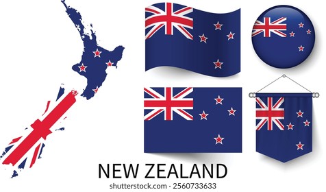 The different designs of New Zealand's national flags and the map showing New Zealand's borders