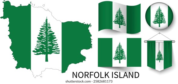 The different designs of Norfolk Island's national flags and the map showing Norfolk Island's borders