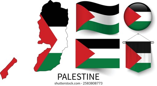 The different designs of Palestine's national flags and the map showing Palestine's borders
