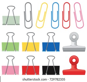 Different designs of paperclips in many colors illustration