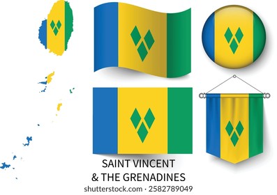 The different designs of Saint Vincent and the Grenadines's national flags and the map showing Saint Vincent and the Grenadines's borders