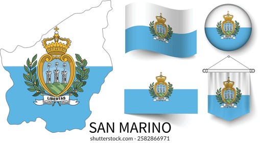 The different designs of San Marino's national flags and the map showing San Marino's borders