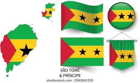 The different designs of Sao Tome and Principe's national flags and the map showing Sao Tome and Principe's borders