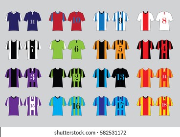 Different Designs of Soccer Kits. Colorful T-Shirts.