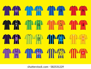 Different Designs of Soccer Kits. Colorful T-Shirts.