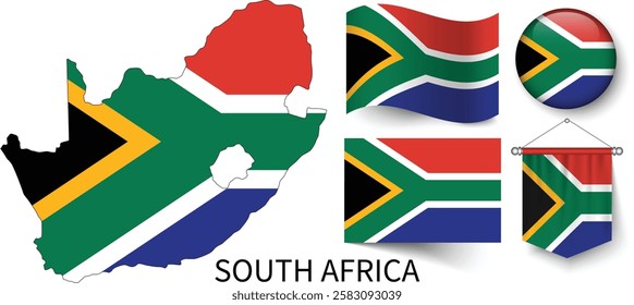 The different designs of South Africa's national flags and the map showing South Africa's borders