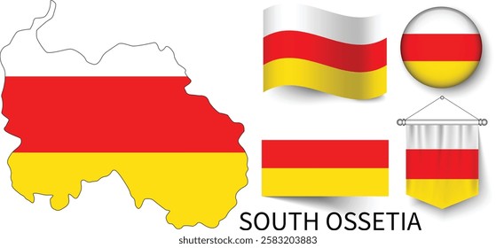 The different designs of South Ossetia's national flags and the map showing South Ossetia's borders