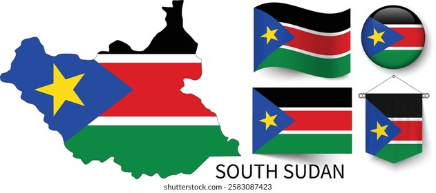 The different designs of South Sudan's national flags and the map showing South Sudan's borders