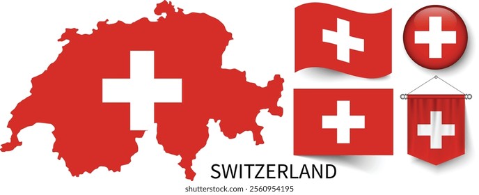 The different designs of Switzerland's national flags and the map showing Switzerland's borders