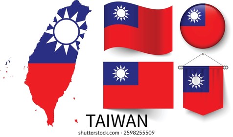 The different designs of Taiwan's national flags and the map showing Taiwan's borders