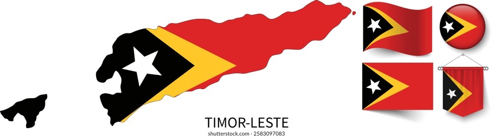 The different designs of Timor-Leste's national flags and the map showing Timor-Leste's borders