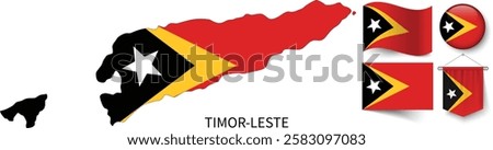 The different designs of Timor-Leste's national flags and the map showing Timor-Leste's borders