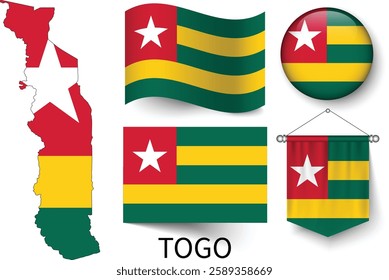The different designs of Togo's national flags and the map showing Togo's borders