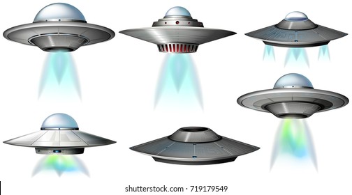 Different designs of UFO flying illustration