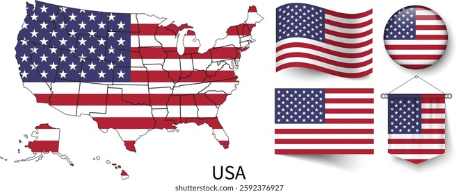 The different designs of USA's national flags and the map showing USA's borders