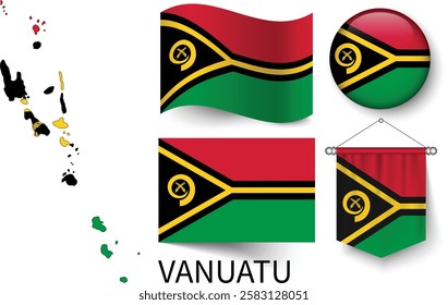 The different designs of Vanuatu's national flags and the map showing Vanuatu's borders