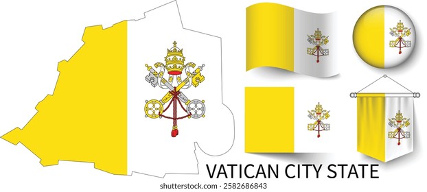 The different designs of Vatican City's national flags and the map showing Vatican City's borders