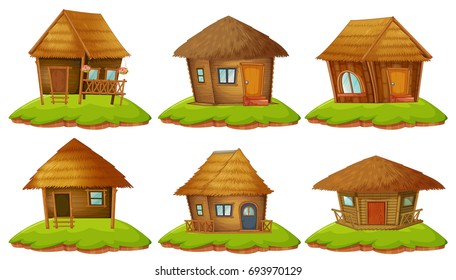 Different designs of wooden cottages illustration