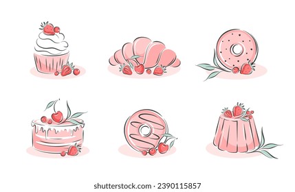 Different desserts, pastry dishes, ingredients for baking items, donuts. Vector illustration for menu, recipe book, baking shop, cafe.