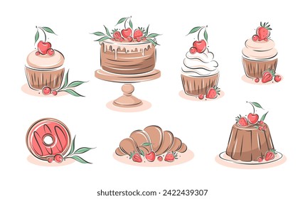 Different desserts, pastry dishes, ingredients for baking items, donuts. Vector illustration for menu, recipe book, baking shop, cafe.