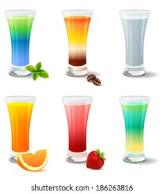 Different detailed realistic cocktails and juices on white