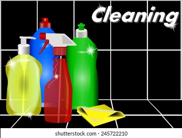 Different detergents against the black tiles. Cleaning. 