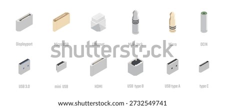 Different device port outputs set. Vector Display port and various type of USB, micro and mini, Ethernet and minijack, DCIN and HDMI. Hardware for data transfer, charging and device connection