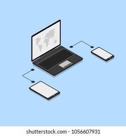 Different devices connected in network with wifi. Isometric vector. EPS10