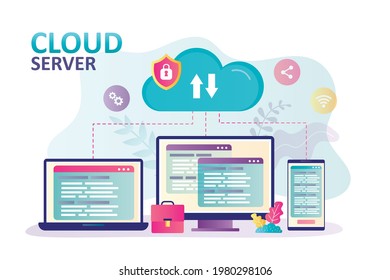 Different devices connected to same cloud storage. Concept of cloud computing and data security. Server for storing various information or data. Database, digital technology. Flat vector illustration